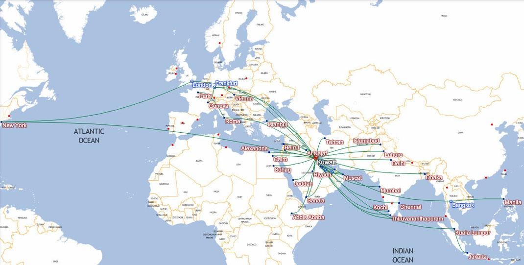 bản đồ của kuwait airways điểm đến